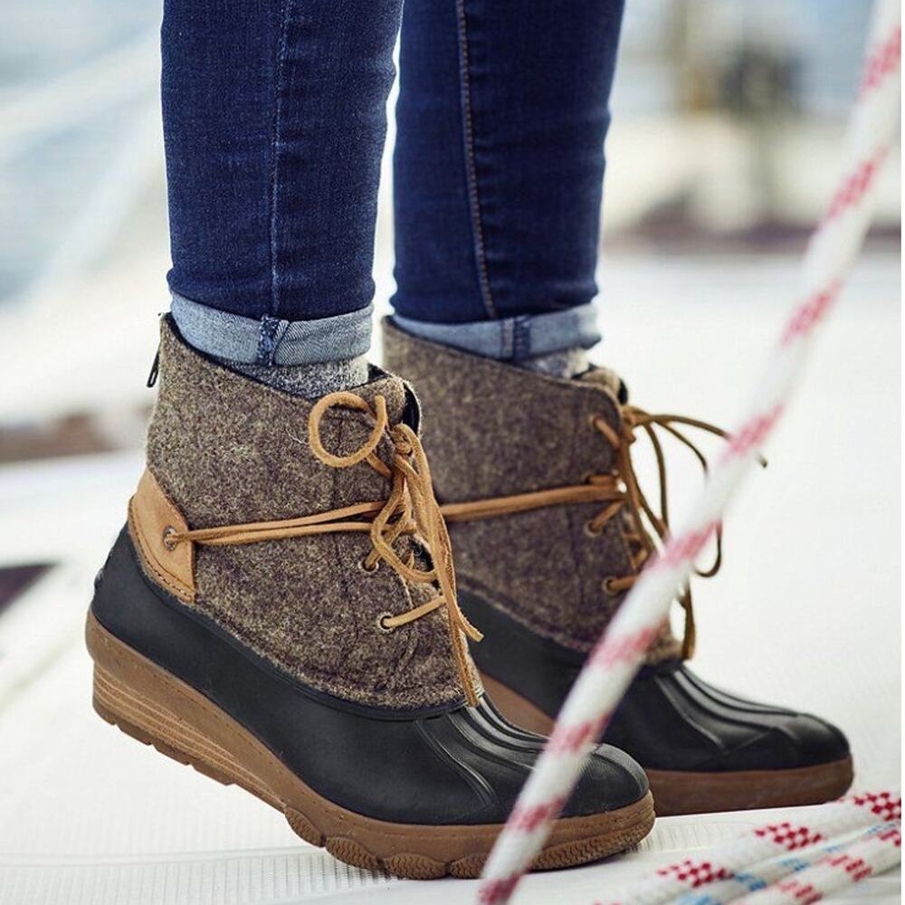 Sperry Womens 10 Saltwater Duck Boots $149 Waterproof Rubber Wedge Fleece Lined